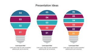 Creative lightbulb diagram PPT slide illustrating presentation ideas with colorful segments and labels with placeholder text.