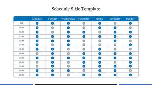 Weekly schedule table with days as columns and time slots as rows, showing check and cross icons for availability.