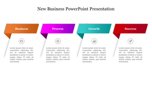 New business PowerPoint template with color coded segments from business to success with icons and placeholder text.
