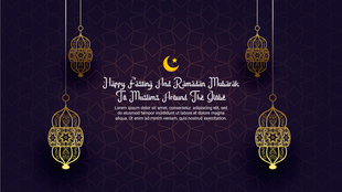 Ramadan Kareem design features golden lanterns, a crescent moon with a star, and festive text on a dark patterned background.