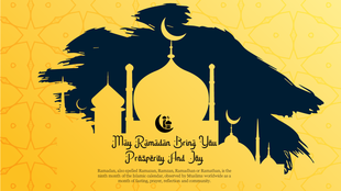 Ramadan slide with a yellow background featuring intricate patterns, and mosque silhouette with moons, in blue center stroke.