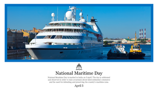 Maritime themed layout featuring a cruise ship docked alongside a tugboat, with cityscape details and a blue border.