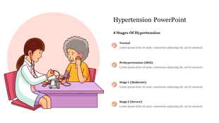 Slide illustrating a doctor measuring a patient’s blood pressure with four stages of hypertension listed with text area.
