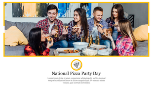 Slide showcasing a group of friends enjoying a pizza party on National Pizza Party day, laughing and sharing slices of pizza.