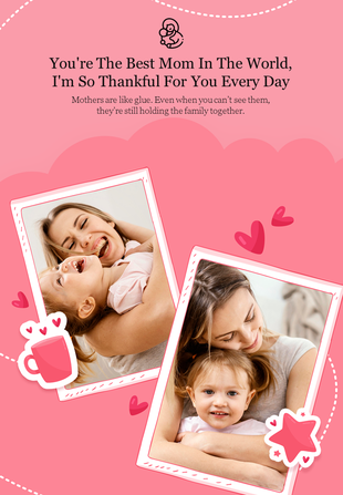 Pink-themed mother’s day card with two photo frames featuring a mother and child, surrounded by heart and star illustrations.