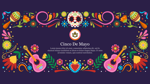 Colorful cinco de mayo slide featuring maracas, flowers, guitars, and a decorated sugar skull on a dark background.