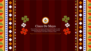 Cinco de Mayo themed slide with floral designs and vibrant geometric borders on a red background.