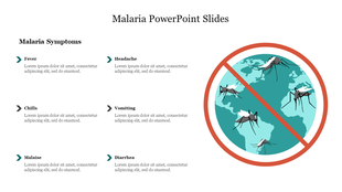 Malaria symptoms with caption areas listed alongside a globe graphic with mosquitoes crossed out.