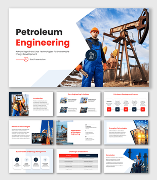 Petroleum Engineering PPT with pumpjack photos, engineering concepts, content sections, icons, and process graphics.