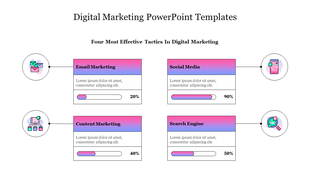 Digital marketing template with colored boxes for each tactic, paired with icons and progress bars showing effectiveness.