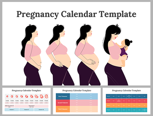 Alt: Pregnancy Calendar cover slide showing woman illustration across four maternity stages from early pregnancy to holding a newborn.