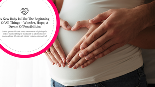 Pregnant woman with hand forming a heart on her belly, beside a circular quote area with text about the wonder of a new baby.