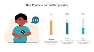 Illustration of a speaker holding a microphone with three vertical bar charts showing public speaking skill percentages.