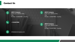 Slide with a black and white keyboard background, featuring five green circular icons with contact details.