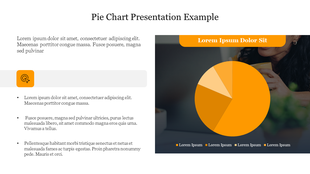 Pie chart slide with a circular orange graph, photo background, and a content section with placeholder text and descriptions.