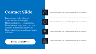 Slide featuring a blue left panel and white right area, with text and four black icons with contact details.