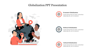 Globalization PowerPoint slide with headings for Economic, Political, and Cultural Globalization with icons and text.