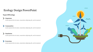 Ecology PowerPoint slide featuring an illustration of wind turbines, plants, and a power plug, with a list of ecology types.