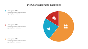 Sample pie chart diagram with three segments in orange, teal, and red colors, featuring placeholder labels and decorative icons.