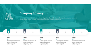 Company history timeline with teal and white background, with five milestones from 1975 to 2020, marked by gray dots.
