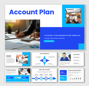 Account Plan Template PPT featuring blue design, KPI charts, timeline shapes, icons, and editable text sections.