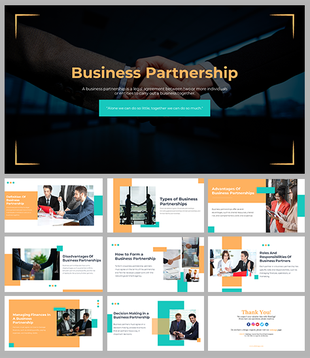 Business Partnership presentation slides with sections on types, advantages, and rules of partnerships.