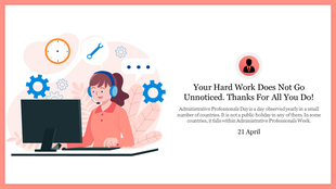 Administrative Professionals Day slide featuring a worker illustration and thank you message with the date highlighted.