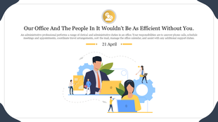 Slide for administrative professionals day showing office workers with business elements, bordered with navy accents.