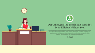 Illustration of an administrative professional with office items, and a message of appreciation on a green background.