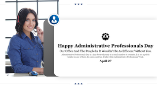 Smiling woman in a blue polka dot shirt with a headset and a text celebrating administrative professionals day.