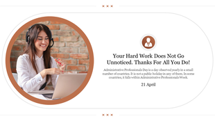 Administrative Professionals day slide with a photo of a smiling woman wearing a headset, expressing gratitude for hard work.