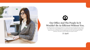 PowerPoint slide recognizing administrative professionals with an office worker at a computer and a thank you message.