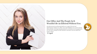 PowerPoint slide celebrating administrative professionals, featuring a woman with a headset and a notepad.