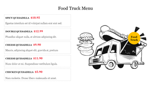 Illustrated food truck with a burger and hot dog next to a menu box featuring various quesadilla dishes and prices in red.