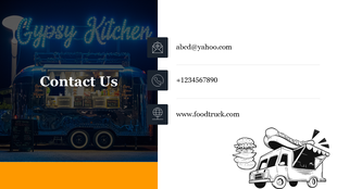 Split layout featuring a night lit food truck on the left and contact details with three icons on the right.