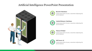 Illustration of a humanoid robot and a man interacting with a black server, alongside four green circular icons.