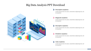 Slide design featuring a laptop and data storage graphics for big data analysis, listing various categories with text.