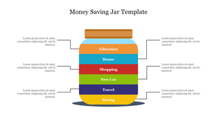 A colorful money saving jar slide with labeled sections from education to saving with placeholder text.