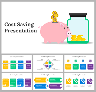 A colorful and engaging cost saving slides with various colorful layout designs and icons with a text descriptions.