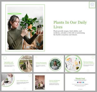 Plant-themed slide deck with images of gardening, research, and home care on a minimalist layout.
