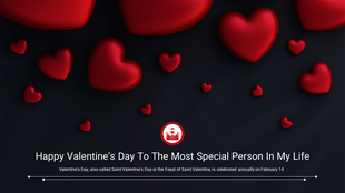 Dark background filled with red hearts of various size, with a Valentine’s Day greeting and a love letter icon in the center.