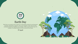 Earth day graphic with a green background, featuring globe illustration, trees, clouds, and text aligned in a clean layout.