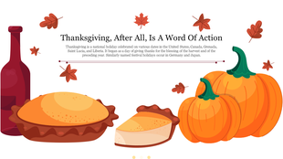 Thanksgiving Day slide featuring a pie, pumpkins, wine bottle, and autumn leaves.