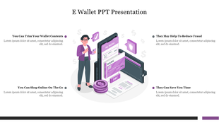 E wallet presentation slide showing a person using a mobile wallet with icons of money, payment, and security.