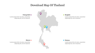 Gray map of Thailand with four location markers in purple, green, blue, and red, highlighting key cities with text.