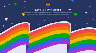 LGBTQ slide with a waving rainbow banner, scattered multicolored hearts, and a night sky filled with sparkling stars.
