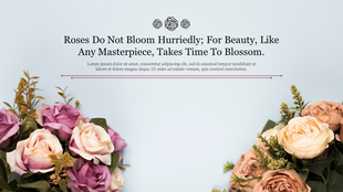 Decorative floral layout featuring a quote, rose icons above, and rose bouquets on the bottom left and right corners.
