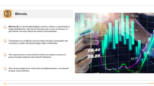 Slide displaying four facts on the left, with a photo of a bitcoin coin in front of a digital financial graph on the right.