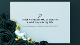 Light blue background with central Valentine’s message, bordered by sculpted teal roses and glossy gold and blue hearts.