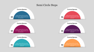 Vertical step diagram with six labeled semi circle in colors and rows, representing process steps on a light grey background.